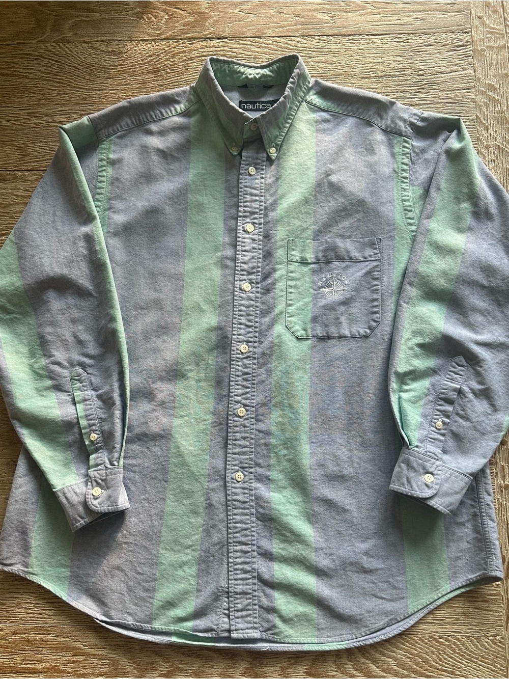 Nautica Men's Button-Down Long Sleeve Shirt - Mint & Blue-Gray Stripe